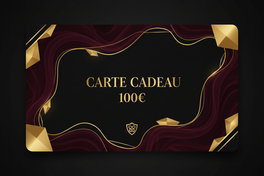 carte cadeau valeur 100€, couleurs noir et burgandy, ambiance sombre et mystérieuse, très luxe et haut de gamme